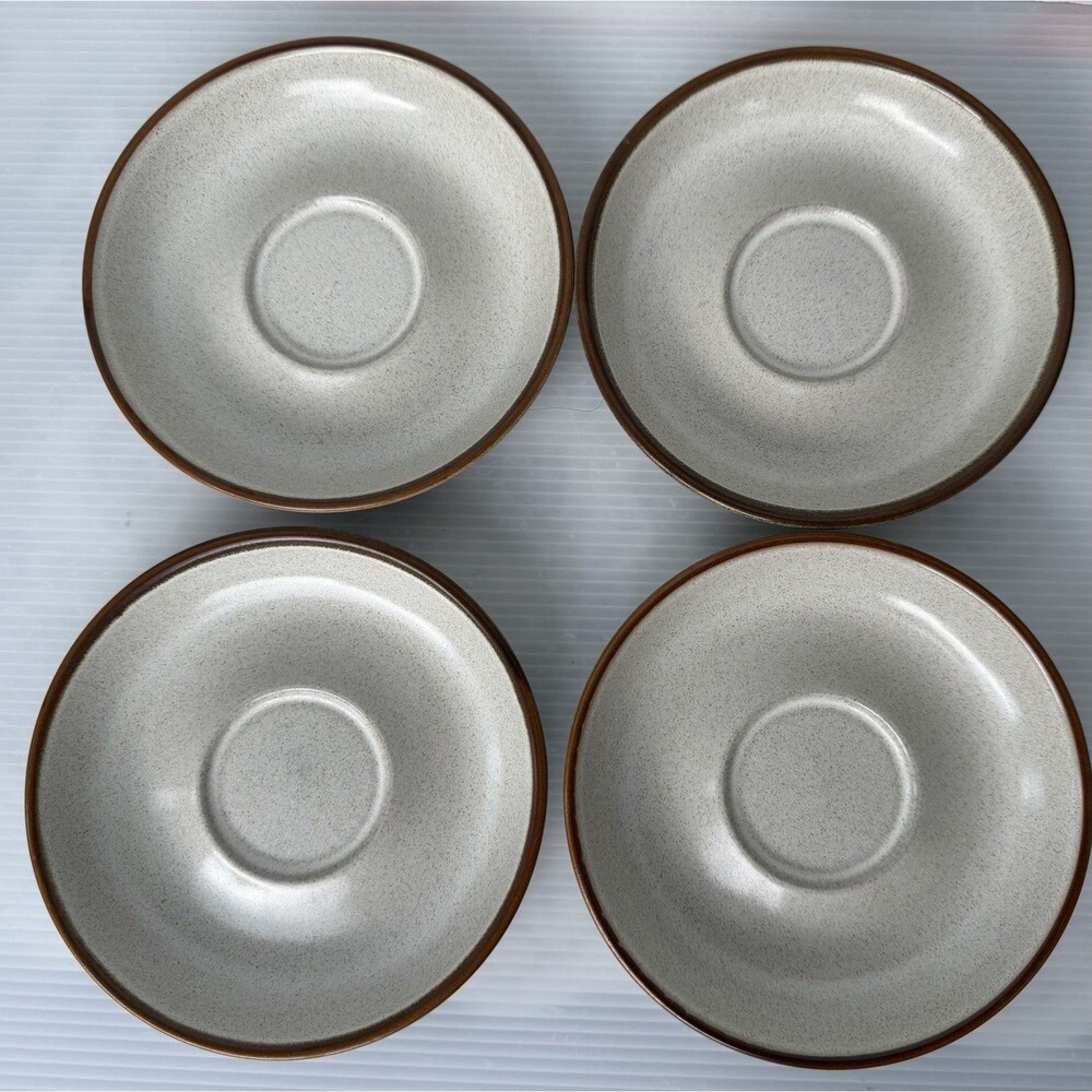 Denby Langley Potters Wheel Tea Cup Saucers Brown Oatmeal Set of 4 England VTG